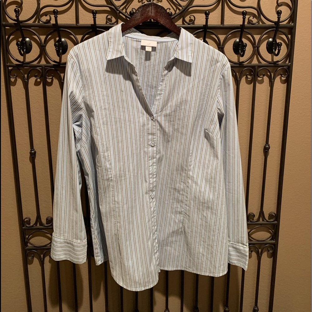 J Jill Dress Button V Neck Pin-strip Shirt